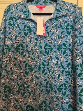 Lilly Pulitzer Blue & Green Leopard Leaf Half-Zip Pullover